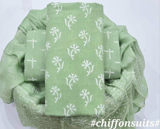 Pure cotton hand-block print suit with Chiffon dupatta