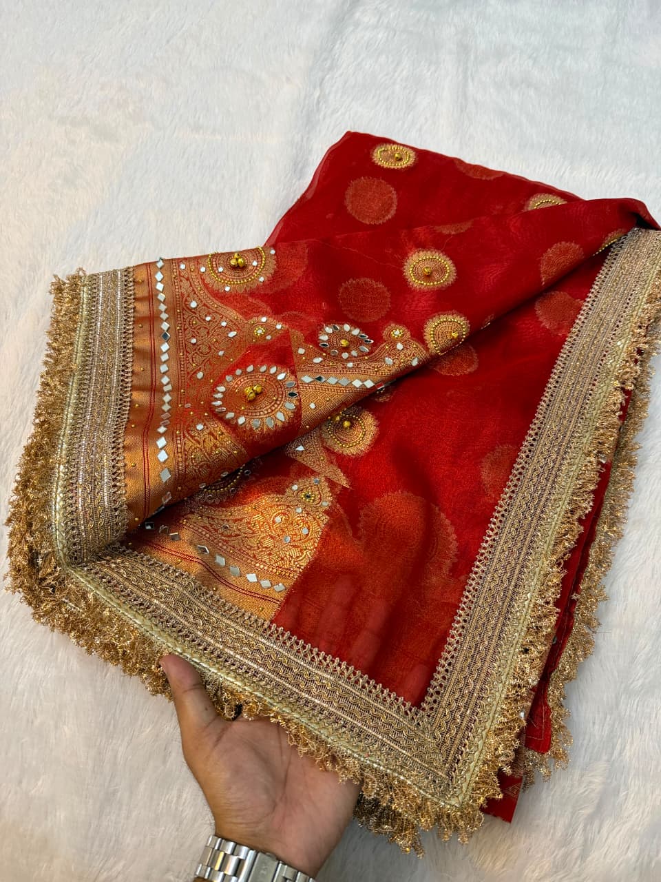 Premium Banarasi Tissue Zari Weaving Saree with Ghungroo Handwork Border