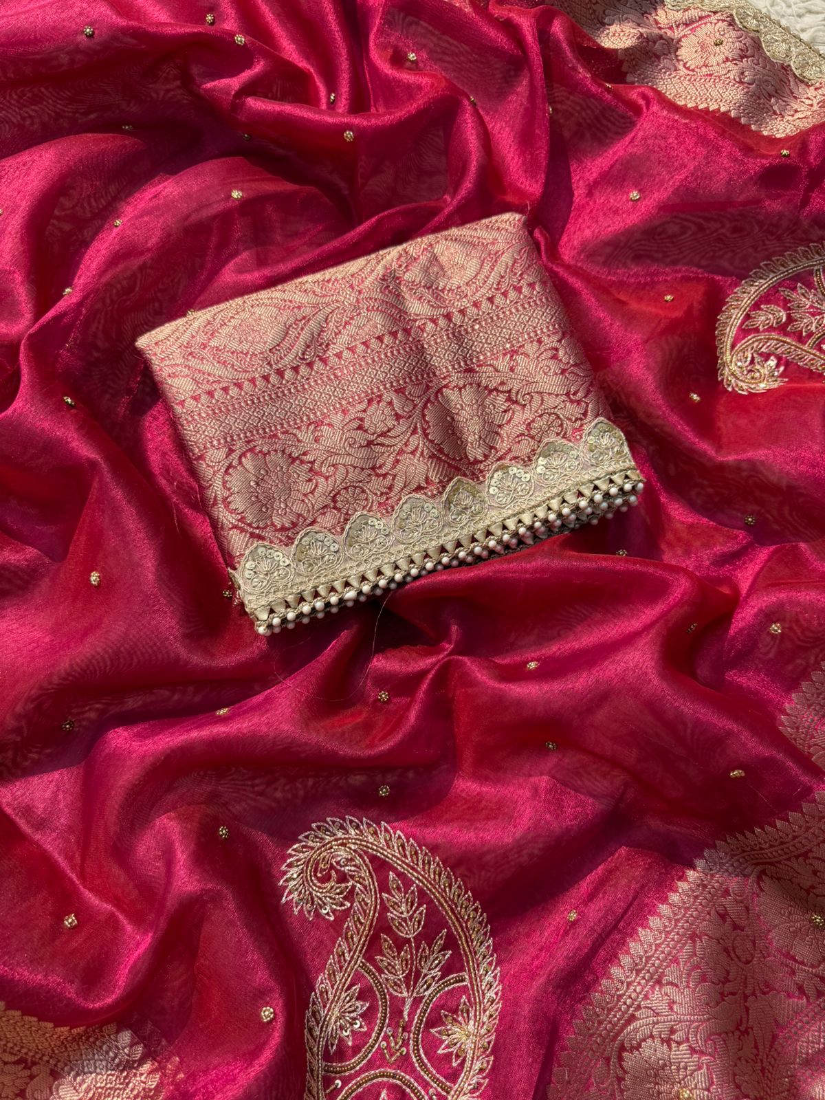 Banarasi Tissue Silk  Hand Work Saree With Heavy Blouse