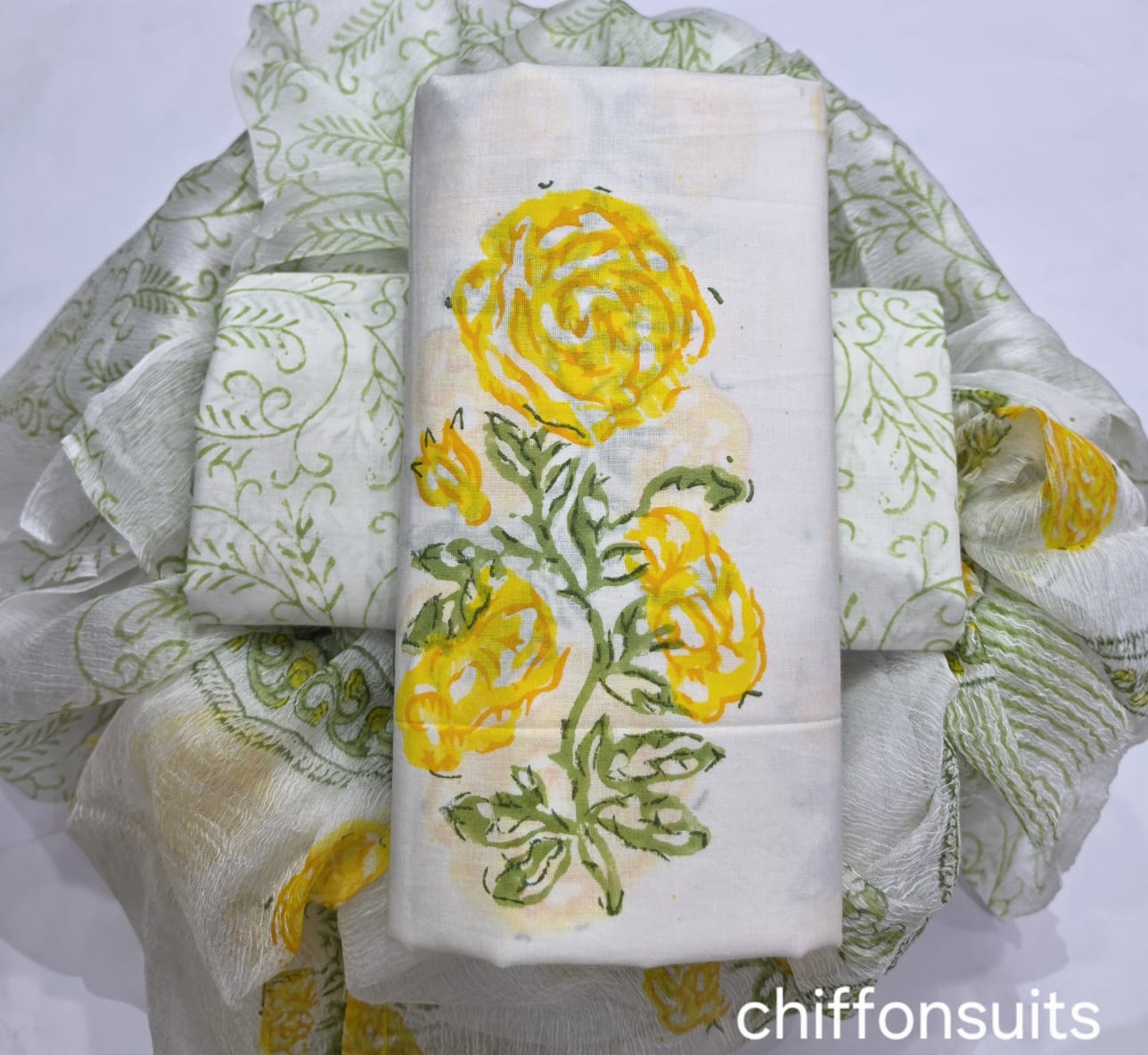Pure cotton hand-block print suit with Chiffon dupatta