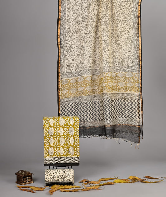 Pure Cotton Hand Block Print Suit With Kota Doriya Dupatta