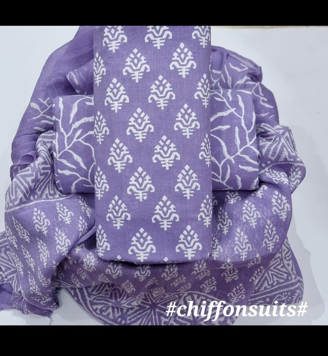 Pure cotton hand-block print suit with Chiffon dupatta