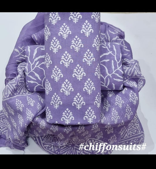 Pure cotton hand-block print suit with Chiffon dupatta