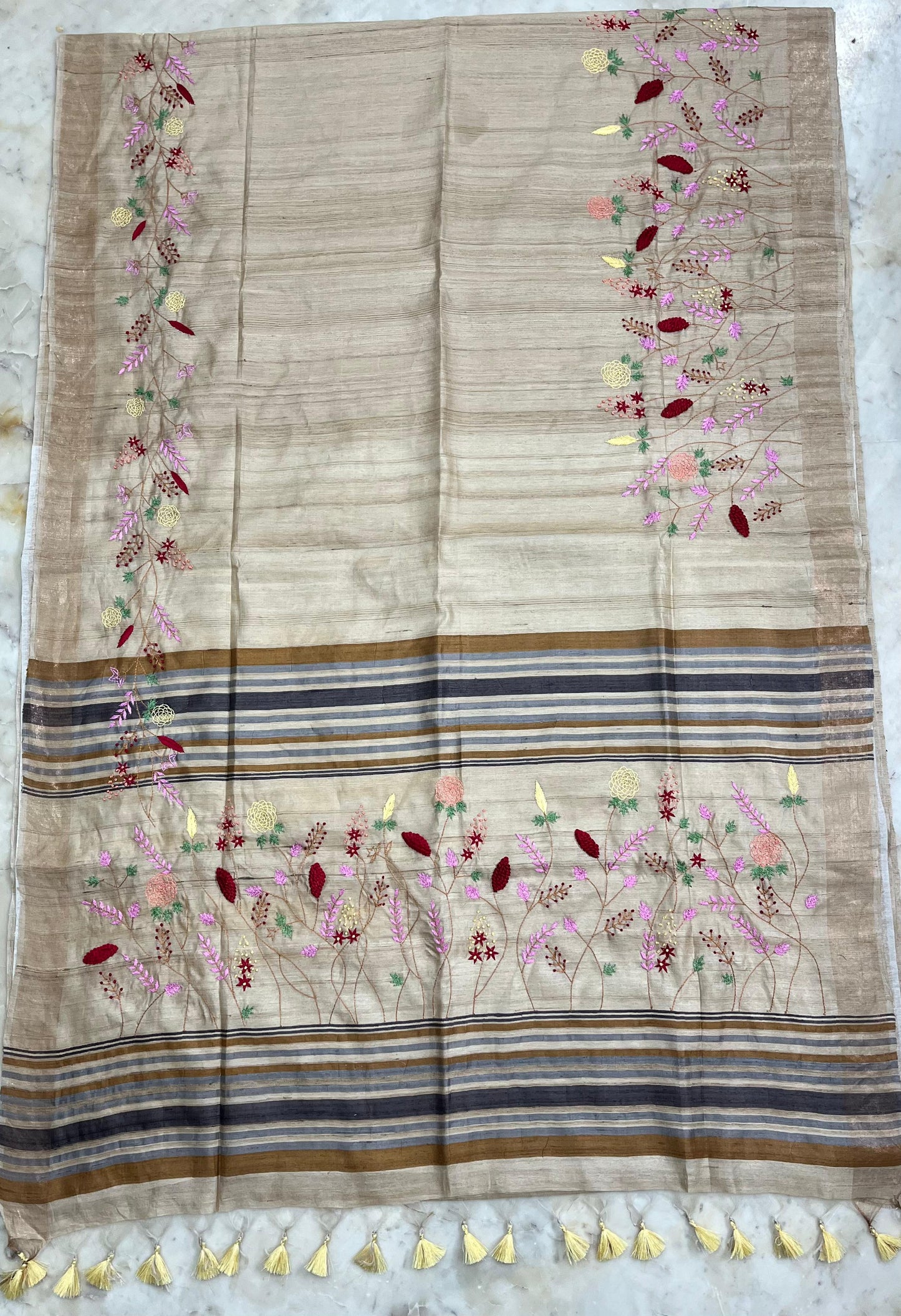 Pure Desi Tussar By Tussar Silk Embroidery Work Saree With Running Blouse