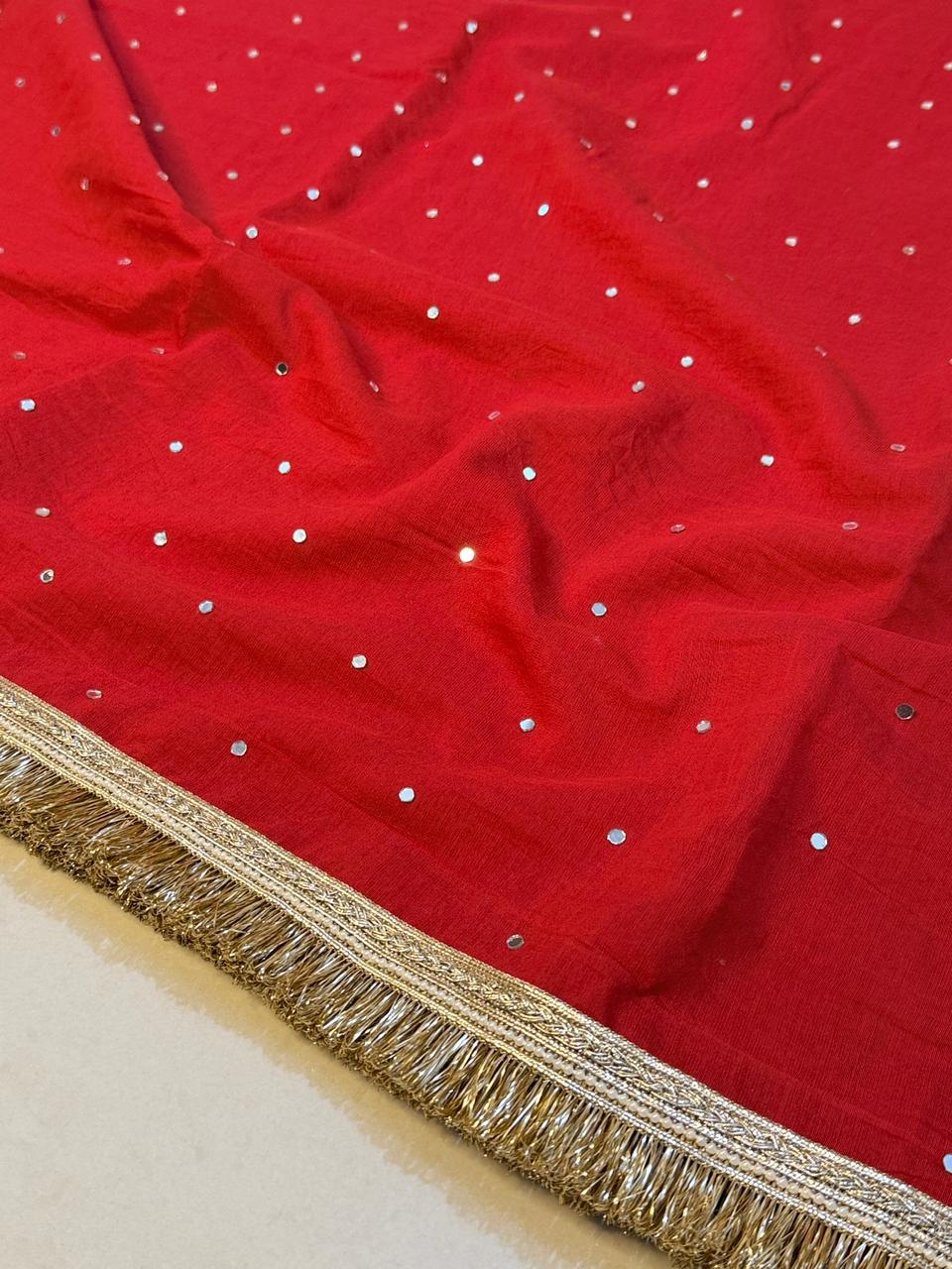 Designer Katan Cotton Banarasi Handwork Mirror and Lace Work Saree