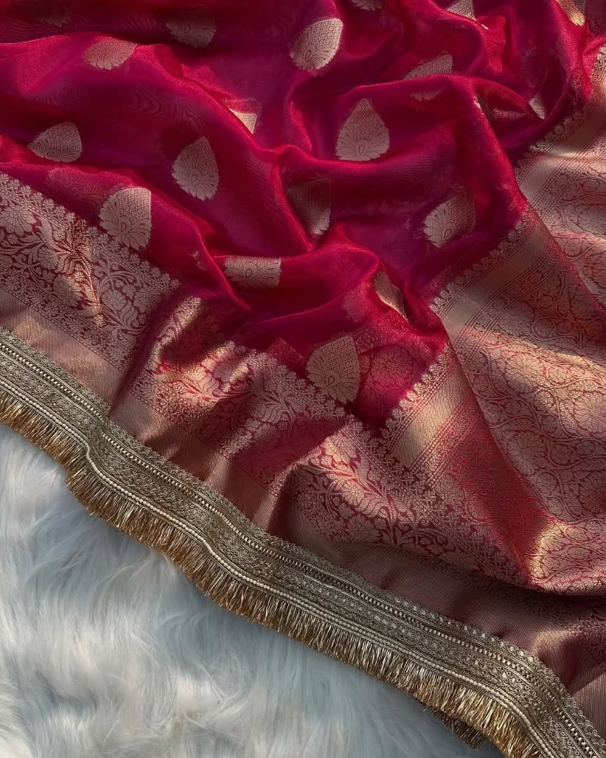 Banarasi Tissue Silk Saree with Lace Work border  Full body Zari Booti Weaving