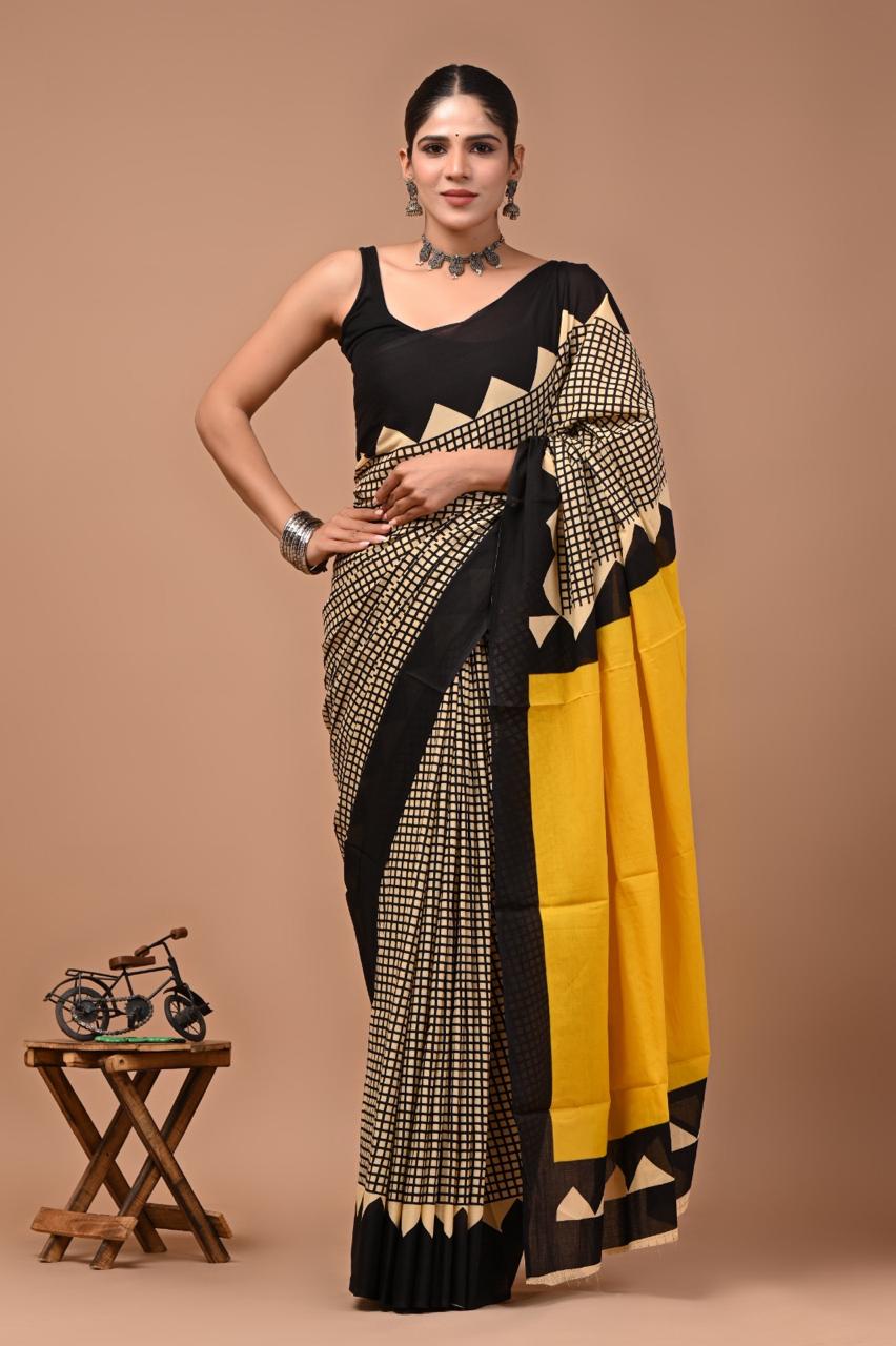 Pure Mulmul Cotton hand block Print Saree with Blouse