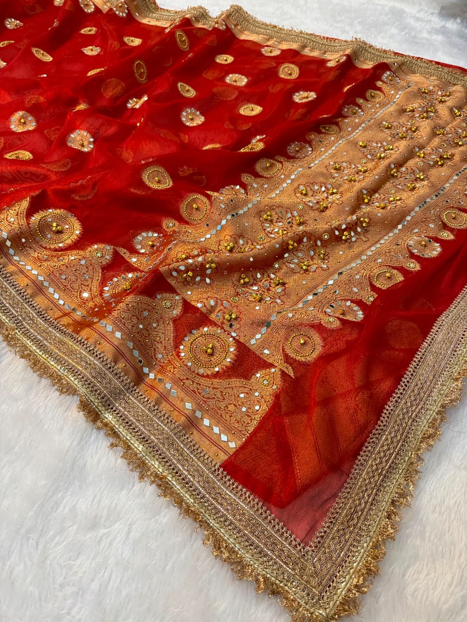 Premium Banarasi Tissue Zari Weaving Saree with Ghungroo Handwork Border