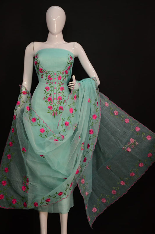 Pure Kota-Doria Unstitched Suit with Embroidery Work