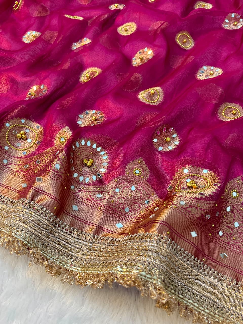 Premium Banarasi Tissue Zari Weaving Saree with Ghungroo Handwork Border
