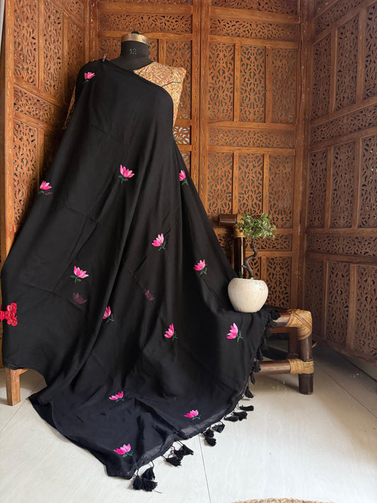 Fully handwork handstitch flower on pure handwoven mulmul