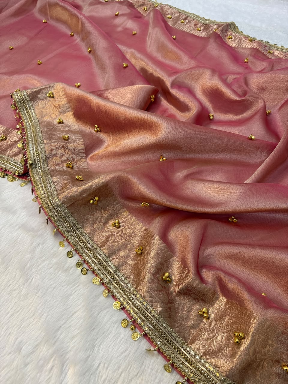 Premium Banarasi Tissue Zari Weaving Saree with Ghungroo Handwork Border