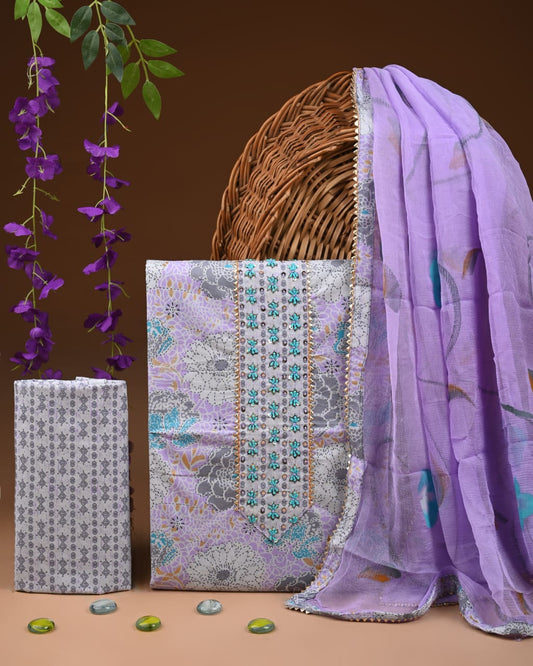 Designer gota patti hand work cotton  unstitched suit with chiffon   dupatta