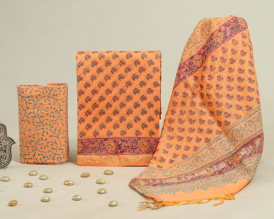 Hand Block Print Chanderi Silk Unstitched Suit
