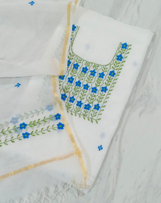 Pure Kota-Doria Unstitched Suit with Embroidery Work