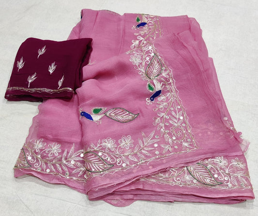 Pure Chiffon Rajputi kasab work saree With Blouse