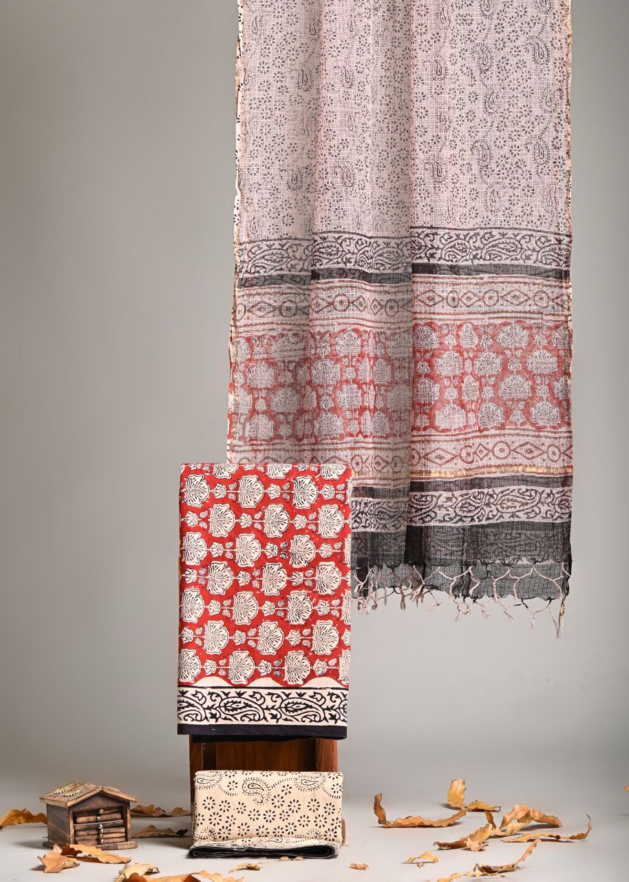 Pure Cotton Hand Block Print Suit With Kota Doriya Dupatta