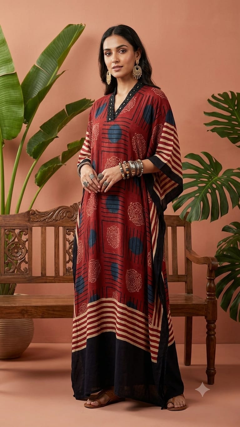 Pure Modal Silk Handblock Printed Kaftans Stitched suit With Hand Mirror Work