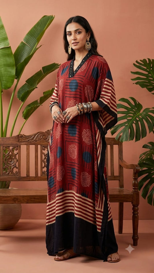 Pure Modal Silk Handblock Printed Kaftans Stitched suit With Hand Mirror Work