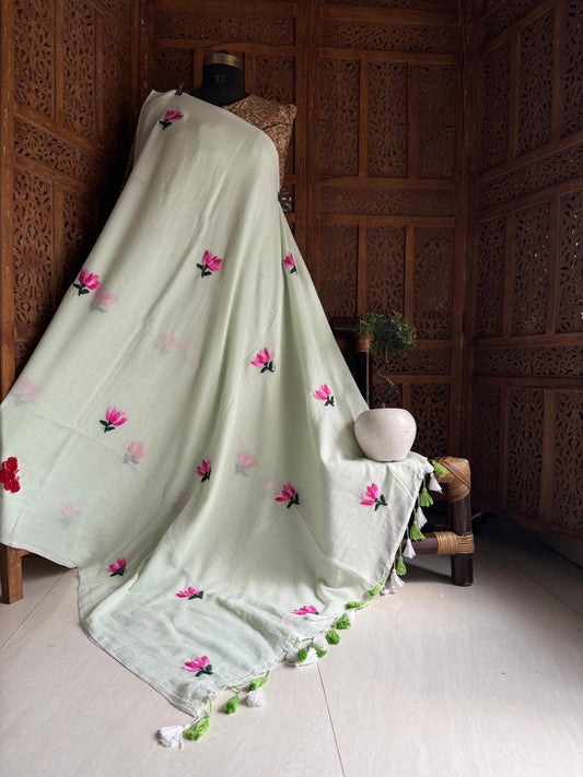 Fully handwork handstitch flower on pure handwoven mulmul