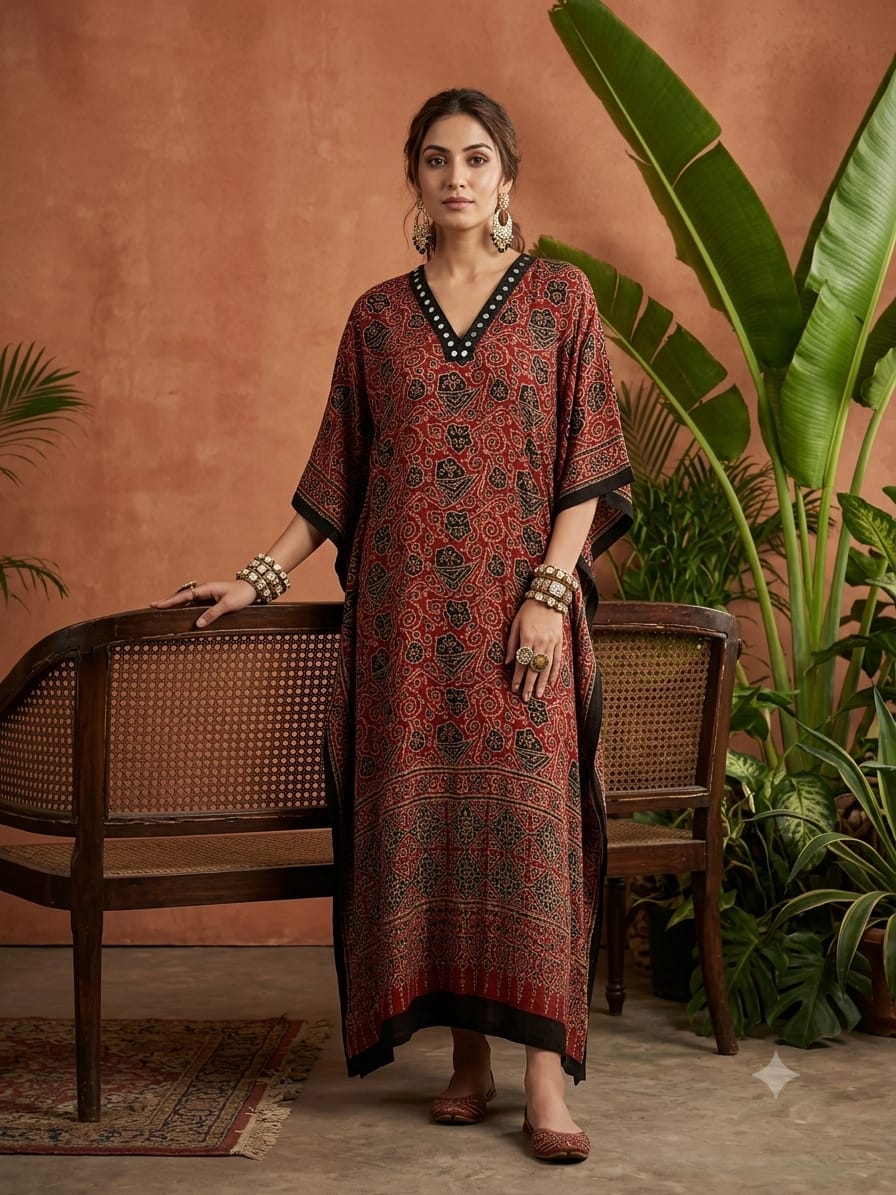 Pure Modal Silk Handblock Printed Kaftans Stitched suit With Hand Mirror Work
