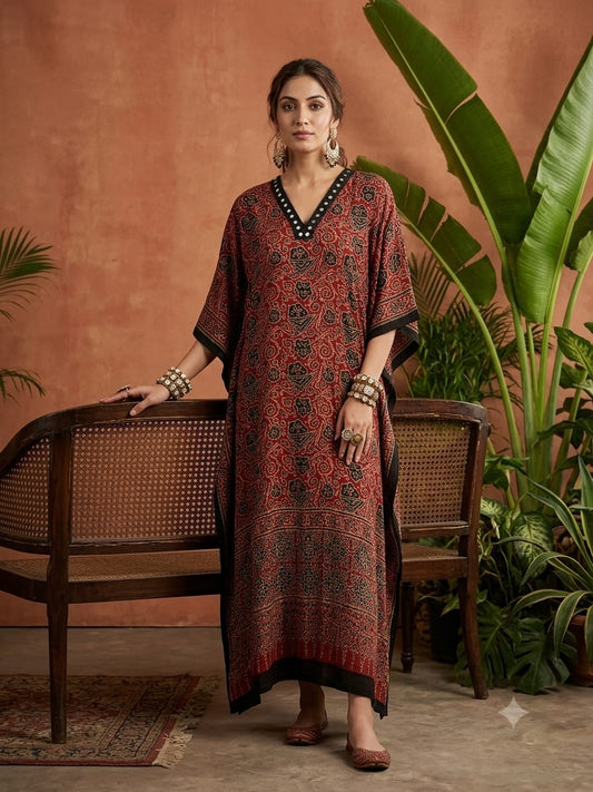 Pure Modal Silk Handblock Printed Kaftans Stitched suit With Hand Mirror Work