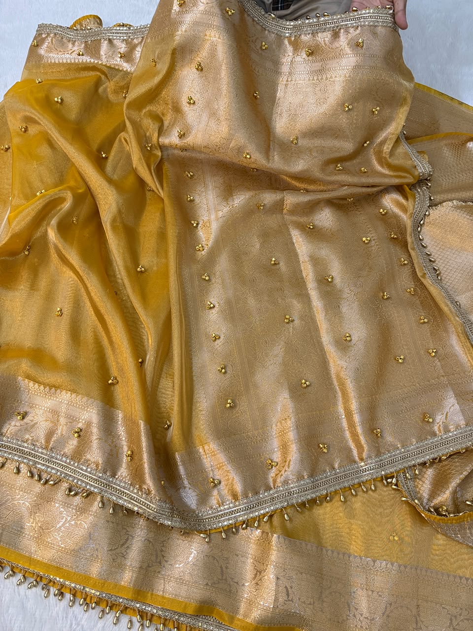 Premium Banarasi Tissue Zari Weaving Saree with Ghungroo Handwork Border