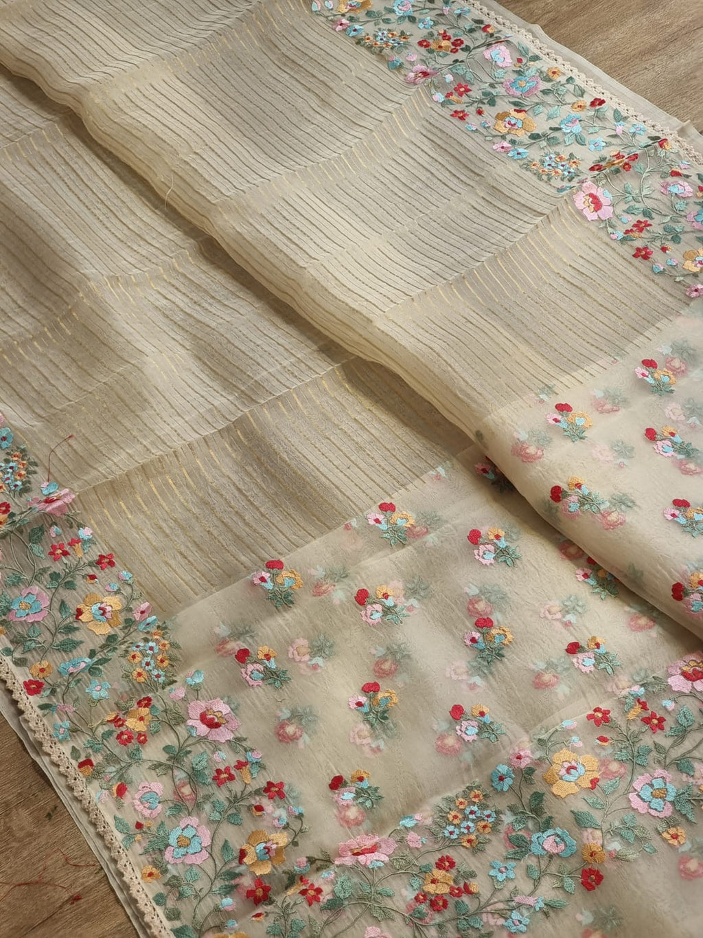 Pure Organza Silk  floral Embroidery Saree with velvet lace and heavy blouse