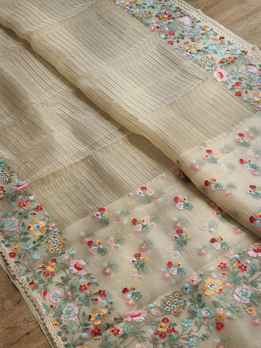 Pure Organza Silk  floral Embroidery Saree with velvet lace and heavy blouse