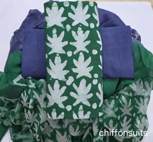 Pure cotton hand-block print suit with Chiffon dupatta