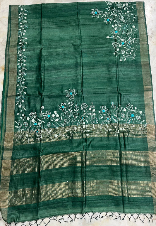 Pure Desi Tussar By Tussar Silk Embroidery Work Saree With Running Blouse