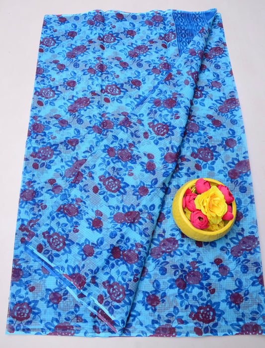 Pure Cotton Kota Doria Kalam Kari Floral Print Saree