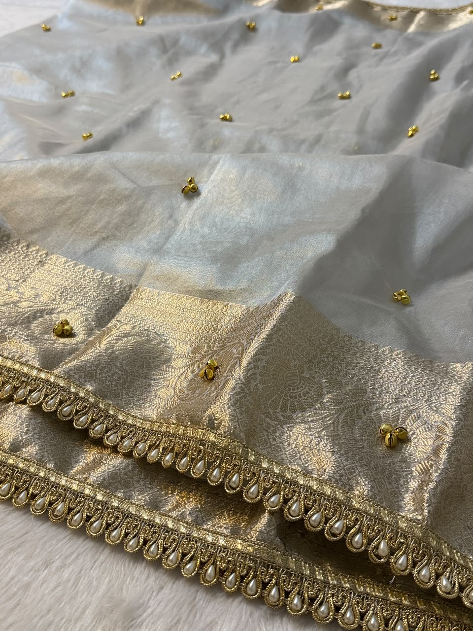 Premium Banarasi Tissue Zari Weaving Saree with Ghungroo Handwork Border
