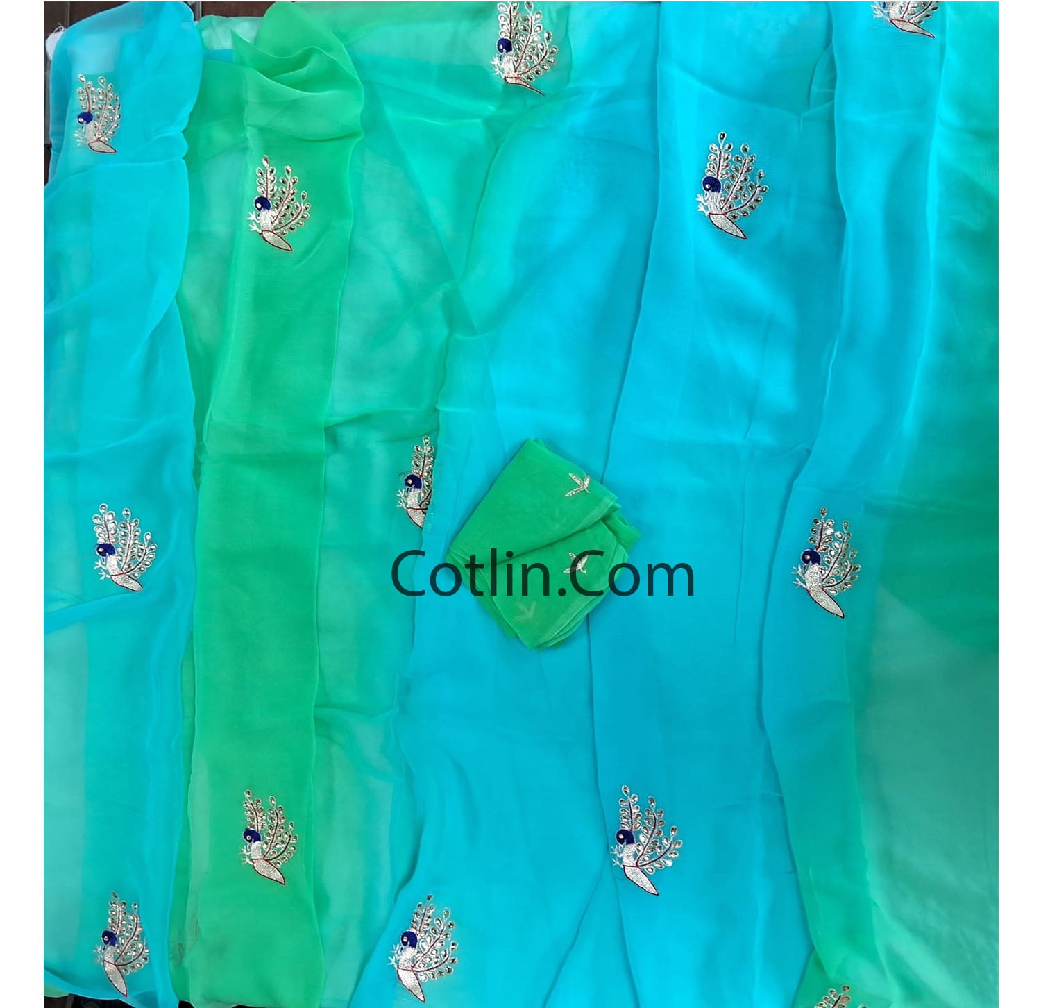 Beautiful Pure Jaipuri Chiffon 13 big Bird motif work Saree with blouse