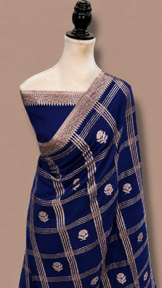 Mango Katan Banarasi Soft Silk Saree with Zari Check Weaving and Floral Boota Work