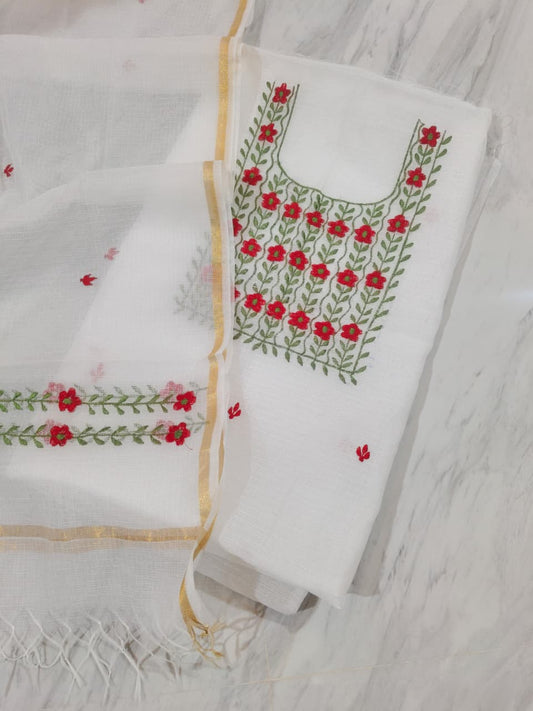 Pure Kota-Doria Unstitched Suit with Embroidery Work