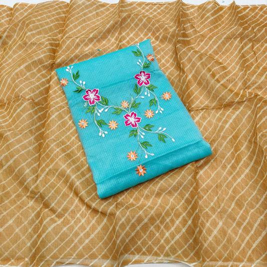 Pure Kota-Doria Unstitched Suit with Embroidery Work