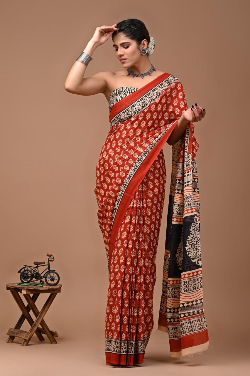 Pure Mulmul Cotton hand block Print Saree with Blouse