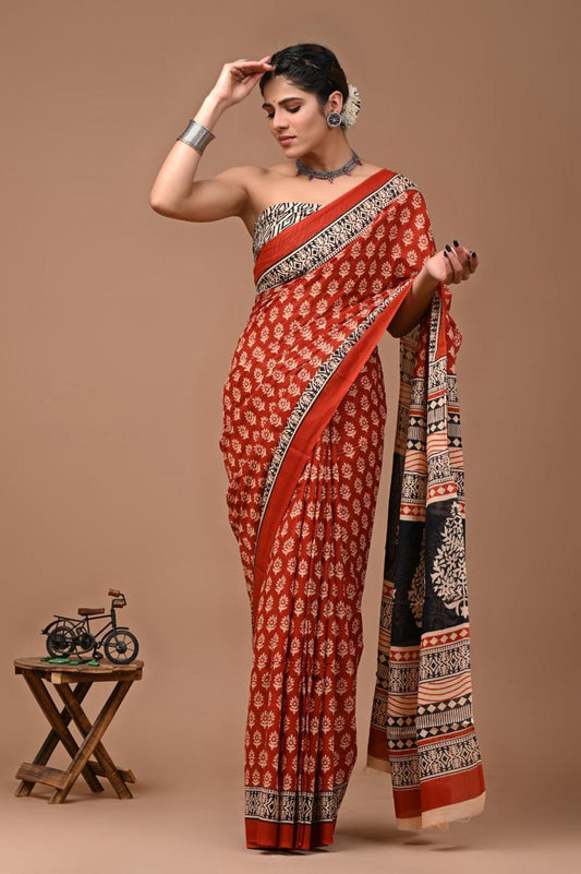 Pure Mulmul Cotton hand block Print Saree with Blouse