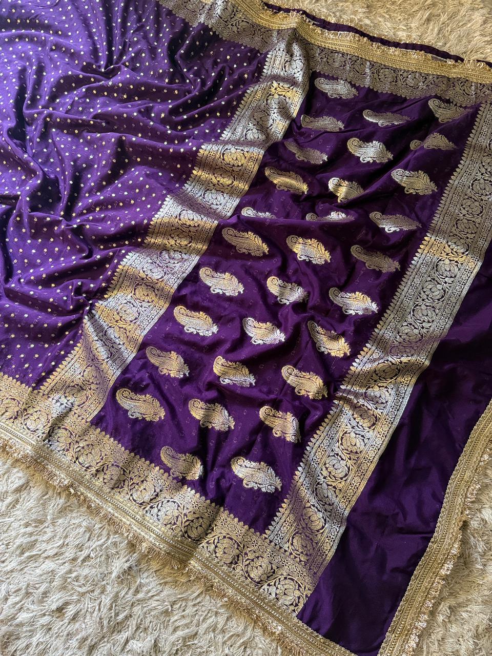 Handloom Banarasi Semi Khaddi Katan Soft Silk Saree With Lace Work Border
