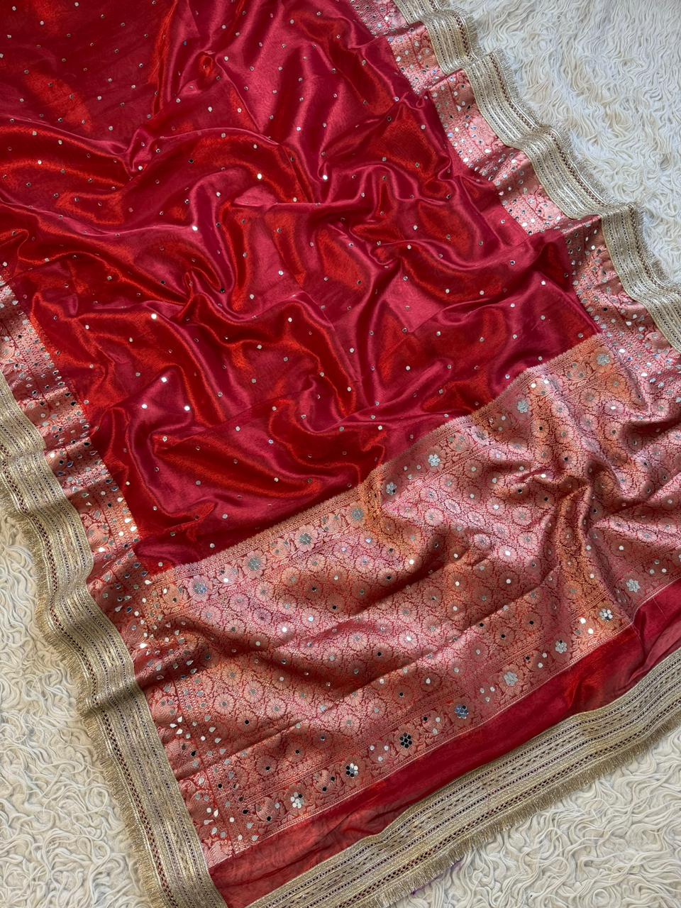 Banarasi Tissue Silk Saree With beautiful  borders with mirror  work
