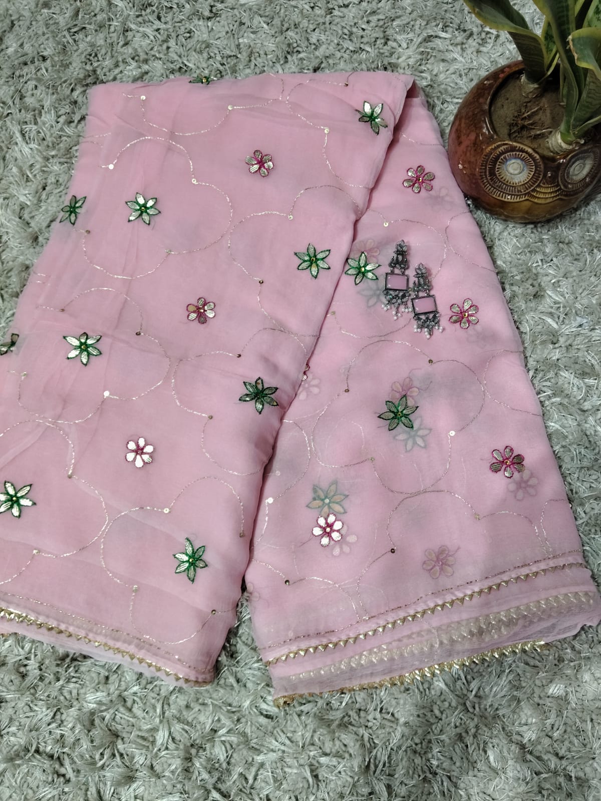 Pure Diamond Chiffon Gota Patti  Work Saree With Blouse
