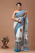 Pure Mulmul Cotton hand block Print Saree with Blouse
