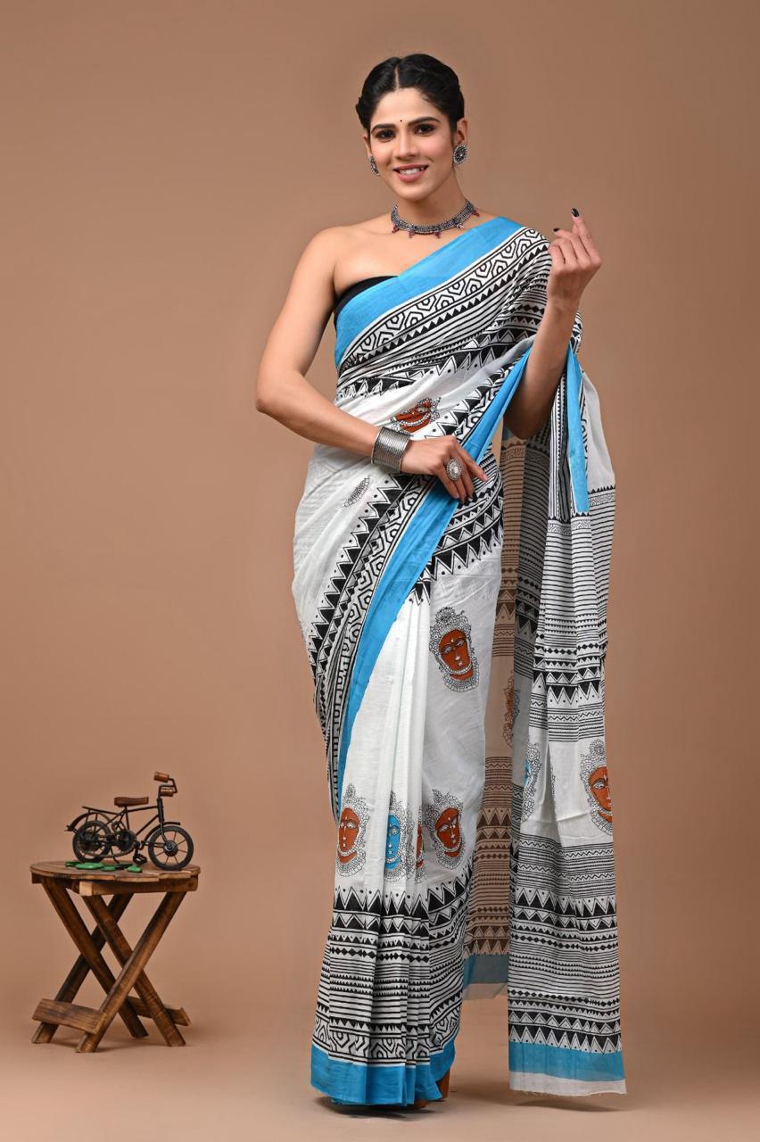 Pure Mulmul Cotton hand block Print Saree with Blouse