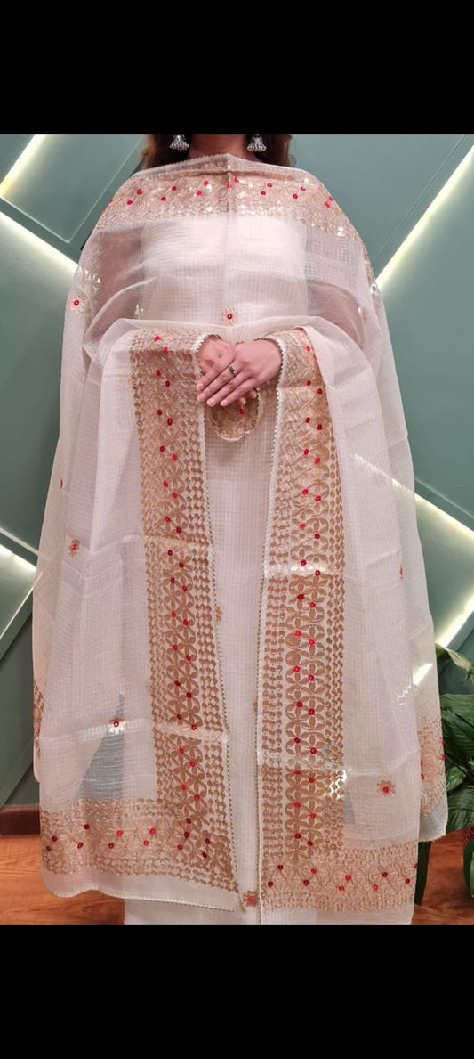 Kota-Doria Unstitched Suit with Embroidey Work