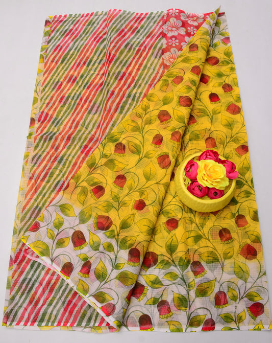 Pure Cotton Kota Doria Kalam Kari Floral Print Saree