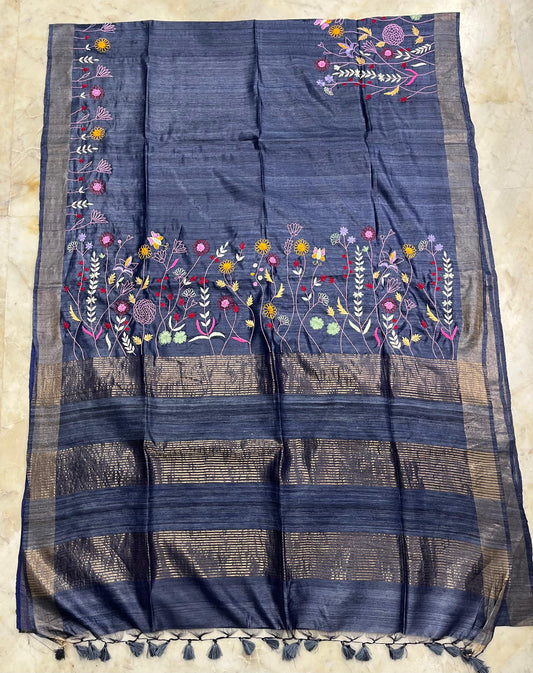 Pure Desi Tussar By Tussar Silk Embroidery Work Saree With Running Blouse