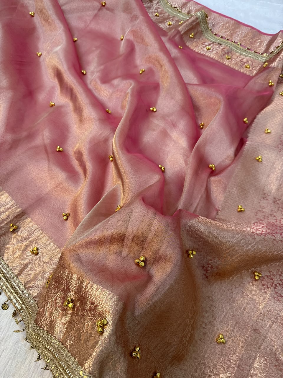 Premium Banarasi Tissue Zari Weaving Saree with Ghungroo Handwork Border