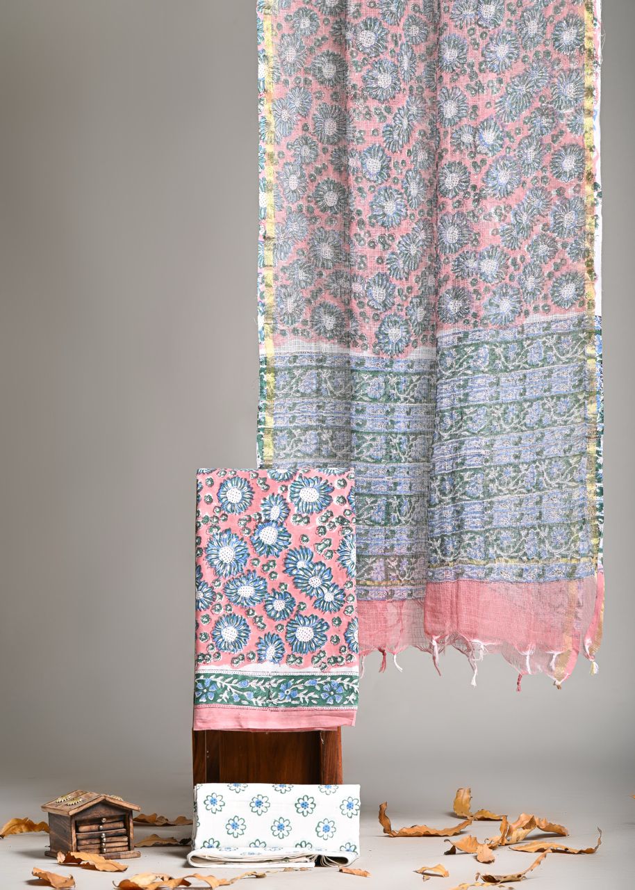 Pure Cotton Hand Block Print Suit With Kota Doriya Dupatta