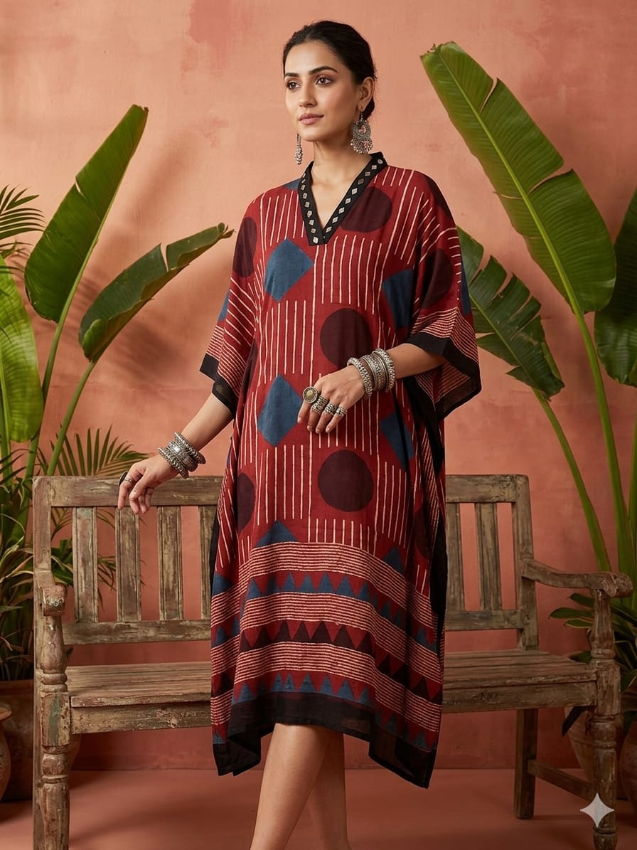 Pure Modal Silk Hand block Printed Kaftans Stitched suit With Hand Mirror Work